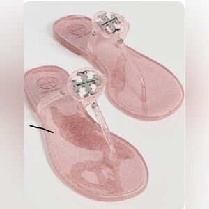 Tory Burch Mini-Miller jelly sandal in pink love/silver. Sparkly beach/pool shoe
